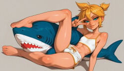 1boy 4k absurd_res ai_generated arm_support bare_legs bare_shoulders barefoot bishounen blonde_hair blue_eyes bulge camisole clavicle clothing collarbone crop_top crossdressing dolphin_shorts erection erection_under_clothes feet femboy full_body grey_background hair_between_eyes half-closed_eyes hi_res high_resolution highres ikea_shark illustrious_(stable_diffusion) jaja_ai kagamine_len knee_up landscape leaning_back legs lips looking_at_viewer male male_focus midriff navel otoko_no_ko parted_lips ponytail reclining self_upload shiny shiny_skin short_hair short_ponytail short_shorts shorts simple_background sitting smile smug soles solo spaghetti_strap stable_diffusion stuffed_animal stuffed_shark stuffed_toy thighs tied_hair toenails toes toned trap v v_over_eye very_high_resolution vocaloid wai-nsfw-illustrious-sdxl wallpaper white_shorts