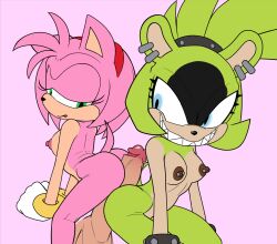 absurd_res afrosoricid amy_rose anonymous_artist anthro big_penis blue_eyes breasts clothing ear_piercing ear_ring eulipotyphlan female genitals gloves green_body green_eyes group handwear hedgehog hi_res idw_publishing male male/female mammal nipple_piercing nipples penis piercing pink_body ring_piercing rubbing_butt sega sharp_teeth smile sonic_(series) sonic_the_hedgehog_(comics) sonic_the_hedgehog_(idw) sonic_the_hedgehog_(series) surge_the_tenrec teeth tenrec trio