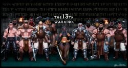 13th_warrior abs ai_assisted ai_generated arabian_clothes armlet athletic axe barbarian bearded_men belly_chain crop_top dark-skinned_femboy dark-skinned_male dark_skin desert_warrior fantasy femboy from_below full_body glistening gold_jewelry group hijab huge_ass leather_harness light-skinned_male light_skin lineup looking_at_viewer movie_reference multiple_males muscular_femboy noctuzrn plate_armor standing sweat sword thick_thighs title veil viking warhammer warrior wide_hips