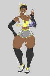 1girls abs abs_visible_through_clothing athletic athletic_female bandage blonde_hair blue_eyes cleats color dark-skinned_female dark_skin female female_focus female_only fit fit_female headband huge_breasts huge_thighs kilkan kneehighs midriff midriff_peek muscular_female original_character peace_sign posing shorts soccer_ball soccer_uniform solo solo_focus sports_bra thick_thighs v-sign