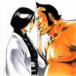 1:1 1boy 1girls 2d accurate_art_style accurate_body_type ai_generated big_belly big_lips black_hair bleach blue_eyes braid cel_shading clothed clothing collarbone completely_nude completely_nude_male couple duo duo_focus eye_contact face-to-face fat_male female grin hair_over_shoulder hand_on_another's_face high_resolution highres in_profile japanese_clothes kimono light-skinned_female light_skin line_art lineart long_hair long_sleeves looking_at_another male manga_style nipples nude_male nude_male_clothed_female obi official_style oomaeda_marechiyo overweight overweight_male parted_lips sash shihakusho shiny_hair shiny_skin side_view sideburns simple_background single_braid smile standing tite_kubo_style traditional_clothes unohana_retsu upper_body wafuku white_background