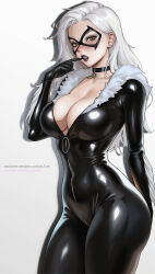 1girls 2026 big_breasts black_cat_(marvel) bodysuit bootybear breasts bursting_breasts choker cleavage collar curvaceous curvaceous_body curvaceous_female curvaceous_figure curvaceous_hips curvy curvy_body curvy_female curvy_figure curvy_hips domino_mask ear_piercing eyemask felicia_hardy female green_eyes hourglass_figure huge_breasts large_breasts light-skinned_female light_skin long_hair marvel marvel_comics mask masked masked_female massive_breasts purple_lipstick seductive seductive_look shiny shiny_clothes skin_tight spider-man_(series) superheroine thick_breasts tight_clothes tight_clothing voluptuous voluptuous_female white_background white_hair zipper zipper_down zipper_pull_tab