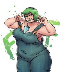 viviancore jojo's_bizarre_adventure stone_ocean foo_fighters thick thick_thighs thighs voluptuous voluptuous_female wide_hips hips fat fat_female fat_belly overalls breasts big_breasts cleavage armpits arms_up peace_sign object_between_breasts bottle straw green_hair short_hair short_hair_female cute cute_girl sfw looking_at_viewer chubby chubby_female fat_rolls