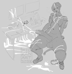 1futa balls bottomless breasts clothed clothing cock_vein cum cum_on_desk cum_on_self drawing_tablet ejaculation erection futa futa_only futanari huge_cock human kari_(clariarikari) kilkan livestream masturbation monochrome on_back orgasm original_character panties_around_one_leg partially_clothed penis sketch solo spread_legs tablet thick_thighs tongue tongue_out writing_on_shirt