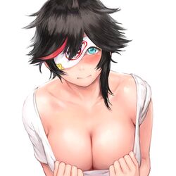 1:1_aspect_ratio black_hair blindfold blue_eyes blush breasts cleavage female large_breasts looking_at_viewer minori_yumeko minori_yumeko_(character) multicolored_hair one_eye_covered scoop_neck shirt shirt_pull short_hair simple_background solo streaked_hair t-shirt upper_body virtual_youtuber white_background white_shirt