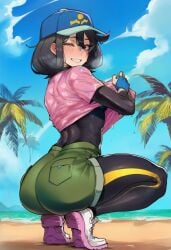 1girl 1girls 2d ai_generated ass ass_focus beach black_bodysuit black_hair blue_gloves blue_sky blush bodysuit bodysuit_under_clothes clouds dark_blue_eyes female female_focus female_only female_protagonist_(pokemon_ww) fully_clothed game_freak gloves gray_eyes green_shorts large_ass leafyviolet lifting_shirt looking_at_viewer looking_back_at_viewer nintendo pink_shirt pokemon pokemon_ww protagonist_(pokemon) sand short_hair shorts smile smiling sneakers squatting steam steaming_body thick_thighs toned_female water white_sneakers