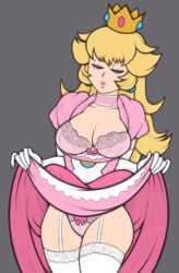 antiheld big_breasts blonde_hair blue_eyes breasts cleavage curvy female female_only hips mario_(series) nintendo panties presenting princess princess_peach solo tabletorgy thick wide_hips