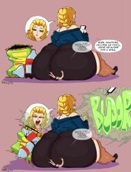 alternate_outfit alternate_version_available annoyed annoyed_female ass_focus ass_smother ass_smothering bel_(beltorchika12) beltorchika12 blonde_female blonde_hair blue_eyes blue_sweater bucketsfa casual_clothes female female_focus food giantess grabbing_ass junk_food larger_female leggings macro_micro micro panel propelled_object rear_view sequence shoes shorts shoulderless_sweater sitting sitting_on_another sitting_on_floor sitting_on_person smaller_male smothering smothering_ass smothering_butt text text_bubble tinies tiny tiny_male uncaring uncaring_female uninterested uninterested_female