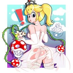 1girls ass beanie_bomber blonde_hair blue_eyes clothing crown curvaceous curvy dat_ass detailed_background dress elbow_gloves female female_focus female_only flower garter_belt garter_straps gloves hips human legwear looking_back mario_(series) nintendo piranha_plant piranha_plant_bouquet ponytail princess princess_peach shiny shiny_hair shiny_skin solo_focus standing super_mario_odyssey thick thighhighs thighs torn_clothes wedding_dress wedding_peach_(super_mario_odyssey) white_gloves