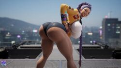 1girl 3d 3d_render ai_assisted ai_generated ass_focus athletic_female bent_over big_ass big_breasts booty_shorts braid braided_hair bubble_butt crop_top denim_shorts hand_on_hip high_quality highres kpop_demon_hunters large_breasts leaning_forward lewdstein light-skinned_female light_skin long_hair looking_at_viewer looking_back presenting presenting_hindquarters purple_hair rooftop rumi_(kpop_demon_hunters) shiny_skin short_shorts solo solo_female standing sunlight sweat sweaty thick_thighs tight_clothing voluptuous