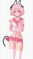 1boy 1femboy animated astolfo_(fate) black_bow blush blushing bulge cat_collar cat_ears cat_tail dancing embarrassed eyes_closed flushed_face glistening_body hair_ribbon light-skinned_futa light-skinned_male light_skin male_focus male_only mouth_open onado pink_hair shirt short_skirt simple_background skirt solo theobrobine thick_thighs thigh_socks thighhighs trap underwear white_background white_body white_shirt white_thighhighs