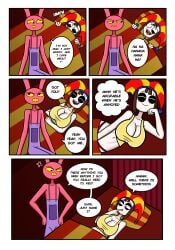 angry_expression bankaipacay bed bedroom brown_hair comic comic_page english_text evil_jax_(tadc) evil_jax_(the_amazing_digital_circus) evil_pomni_(tadc) evil_pomni_(the_amazing_digital_circus) glitch_productions hi_res huge_breasts jester jester_girl jester_hat laughing npc panties pink_fur purple_overalls rabbit_boy rabbit_humanoid red_room rolling_eyes sharp_teeth tank_top tender_evil_care_(comic) the_amazing_digital_circus white_skin wide_hips word_balloon yellow_eyes yellow_teeth