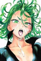 one-punch_man tatsumaki murata_yuusuke_(style) manga_style line_art official_style accurate_art_style ai_generated high_resolution highres simple_background 1girls female female_only female_focus solo solo_focus light_skin collarbone light-skinned_female shiny_skin shiny_hair green_eyes thin_eyebrows eyelashes curly_hair short_hair green_hair hair_between_eyes standing close-up upper_body looking_at_viewer from_below after_fellatio cum_on_face cum_on_hair cum_on_body cum_on_chest teeth upper_teeth upper_teeth_only tongue tongue_out v-shaped_eyebrows blush sweat sweatdrop cum_on_tongue breasts small_breasts cleavage semen bodily_fluids dress black_dress open_mouth clothing facial face_focus portrait