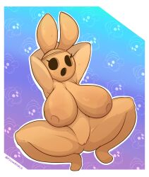 2023 absurd_res animal_crossing animate_inanimate anthro areola big_breasts black_eyes blue_background border breasts brown_areola brown_nipples coco_(animal_crossing) crouching empty_eyes eyelashes female fromariels front_view genitals gradient_background gyroid hands_behind_head hi_res huge_breasts hybrid lagomorph leporid mammal navel nintendo nipples nude open_mouth pattern_background purple_background rabbit simple_background solo tan_body thick_thighs vulva white_border wide_hips