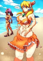 2girls alia alia_(mega_man) beach big_breasts bikini blonde_hair female_pred imminent_vore kotatuman_dash layer layer_(mega_man) mega_man mega_man_x purple_hair rockman rockman_x swimsuit_alia_(x_dive) swimsuit_layer_(x_dive) tan_skin voluptuous voluptuous_female vore