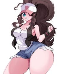 ass_visible_through_thighs blush curvy female female_only gigantic_ass grin hilda_(pokemon) huge_thighs hyper_ass large_breasts one_eye_closed pokemon pokemon_bw reinsleif rox_hoxten thick_thighs wide_hips