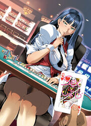 1girls alcohol ambiguous_gender bangs bar black_neckwear blue_hair blush bottle breasts card casino chair chandelier collared_shirt dress_shirt earrings erect_nipples erect_nipples_under_clothes eye_contact eyebrows_visible_through_hair female finger_to_mouth gambling green_eyes half-closed_eyes hime_cut holding holding_card holding_object huge_ass huge_breasts index_finger_raised indoors jewelry large_breasts long_hair looking_at_viewer mature milf name_tag nipples original playing_cards poker_chip pov pubic_hair red_vest ring schelz see-through shirt sleeves_rolled_up slot_machine source_request sweat table thick_thighs thighs vagina vest wet white_shirt wide_hips wrist_cuffs