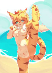 1girl :3 :d absurdres animal_ear_fluff animal_ears animal_feet animal_hands arm_up blonde_hair blue_eyes blush breasts censored chinese_commentary commentary_request completely_nude cowboy_shot double-parted_bangs female female_only furry furry_female hair_between_eyes hand_up highres lalamedli leg_up looking_at_viewer medium_breasts mia_(world_flipper) mosaic_censoring navel nipples nude open_mouth outline pussy pussy_juice short_hair smile solo split standing standing_on_one_leg standing_split tail thick_eyebrows tiger_ears tiger_girl tiger_tail v white_outline world_flipper