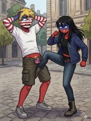 ai_generated ballbusting cargo_shorts chastity_cage countryhumans femdom kicking_balls russia_(countryhumans) united_states_of_america_(countryhumans)