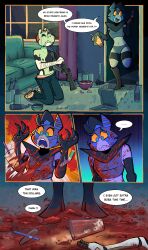absurd_res ambiguous_gender amphibian anthro blood blood_on_face blood_splatter bodily_fluids chappie_(squeakygears) comic_panel dark_humor duo female frog gore gun hi_res humanoid knives_(squeakygears) machine ranged_weapon robot robot_humanoid shotgun speech_bubble squeakygears suicide weapon
