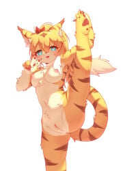 1girl :3 :d absurdres animal_ear_fluff animal_ears animal_feet animal_hands arm_up blonde_hair blue_eyes blush breasts censored chinese_commentary commentary_request completely_nude cowboy_shot double-parted_bangs female female_only furry furry_female hair_between_eyes hand_up highres lalamedli leg_up looking_at_viewer medium_breasts mia_(world_flipper) mosaic_censoring navel nipples nude open_mouth pussy pussy_juice short_hair simple_background smile solo split standing standing_on_one_leg standing_split tail thick_eyebrows tiger_ears tiger_girl tiger_tail v white_background world_flipper