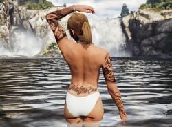 3d 3d_(artwork) 3dcg arm_above_head ass ass_focus back_view bare_shoulders brown_hair_female chain_necklace game_mod grand_theft_auto grand_theft_auto_online keiran_thompson keiranthompson_(artist) massive_ass multiple_tattoos necklaces oblivious_sexualization ponytail rockstar_editor short_hair_female tattoos text topless_female white_bikini_bottom