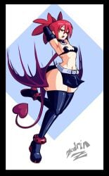 1girls disgaea zedrin etna red_hair hair twin_drills armwear black_gloves gloves arms_behind_head half-closed_eyes red_eyes neckwear choker succubus succubus_wings succubus_tail tail wings thighs thighhighs black_thighhighs legwear footwear heels full_body solo solo_female female female_only alternate_version_available topwear bottomwear clothing revealing_clothes skimpy skimpy_clothes belt belt_buckle pencil_skirt skirt black_skirt short_skirt flat_chested flat_chest wide_hips hips alternate_thigh_size thick_thighs
