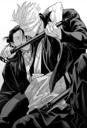 2boys angry biting_object calm hostile male_only muzzle_(object) muzzled satoru_gojo struggling struggling_prey suguru_geto sweat taming