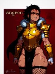 abs ai_generated angron angry battle_damage blood dreadlocks expression female female_only fishnet_stockings fishnets full_body fur_collar glaring golden_armor large_ass noctzurn pauldrons power_armor primarch red_background scars solo standing thick_thighs thighhighs toned warhammer_40k wide_hips world_eaters yellow_eyes