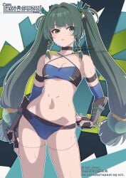 qingyi_(zenless_zone_zero) zenless_zone_zero mihoyo hoyoverse embarrassed green_hair green_eyes fingerless_armwear bikini_top blue_bikini_top bikini blue_bikini_bottom bikini_bottom twintails braided_sidelock 1girls female_only female robot_girl android petite petite_body petite_female belly_button artist:aoi_suzu sweatdrop sweating sphere_hair_ornament hair_ornament