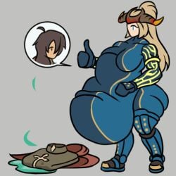 bel_(beltorchika12) beltorchika12 blonde_female blonde_hair ponytail ponytail_(hair) blue_eyes blue_bodysuit bodysuit headpiece female female_focus female_only gif rsbh_(artist) vore slapping_own_belly same_size_vore female_pred thumbs_up blinking big_belly vore_belly big_ass big_butt jiggle belly_jiggle clothing_on_floor burping_up_clothes willing_prey willing_pred sequence_parts