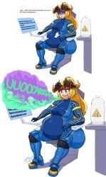 batrachotoxin bel_(beltorchika12) belch belching belly_grab belly_rub beltorchika12 big_ass big_butt big_butt_(female) blonde_female blonde_hair blue_bodysuit blue_eyes bodysuit burp burp_cloud burping consuming_poison discomfort disembodied_hands female female_focus full_stomach headpiece indigestion ingesting_poison large_ass large_stomach neurotoxin object_vore ponytail ponytail_(hair) prominent_tummy sequence sitting sitting_on_chair skull_and_crossbones tagme_(artist) toxic toxic_gas uncomfortable uncomfortable_female upset upset_stomach