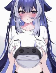 2girls belly_button blue_hair blush breast_grab breasts clothing controller_shirt duo eyebrows_visible_through_hair female female_only female_pov hands heart indie_virtual_youtuber ketari nose_blush orca_girl playstation_5 pov purple_eyes shirt shylily simple_background two-tone_hair virtual_youtuber white_background white_hair