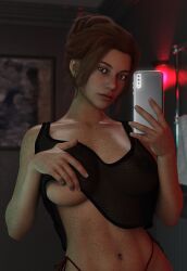 howie3d female solo breasts big_breasts underboob shirt_lift teasing smartphone selfie freckles original original_character 1girls 3d