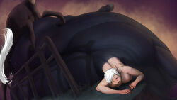16:9 2020 breasts centaur duo equid equid_taur european_mythology female greek_mythology hair hi_res humanoid_taur male mammal mammal_taur meanybeany mythology outside purple_background sex simple_background size_difference taur white_hair widescreen