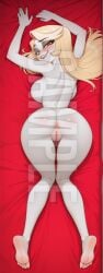 ai_generated tagme watermark hi_res highres high_resolution patreon sleeplessnighty charlie_morningstar_(hazbin_hotel) hazbin_hotel blonde_hair red_eyes 1girls solo solo_focus female lying naughty_face blush full_body dakimakura lying_on_stomach ass ass_focus pussy anus naked
