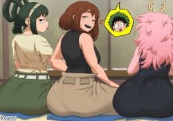 1boy 3girls adult_mina adult_ochako adult_tsuyu ashido_mina ashido_mina_time-skip ass ass_bigger_than_head ass_bigger_than_torso ass_focus ass_in_dress ass_in_skirt asui_tsuyu big_ass black_eyes boku_no_hero_academia boku_no_hero_academia_(finale) brown_hair bubble_butt daimusraw dress fat_ass female female_focus gluteal_fold green_hair handbag headband hearts_around_head horns huge_ass izuku_midoriya large_ass long_hair looking_back_at_viewer male massive_ass midoriya_izuku mina_ashido mina_ashido_time-skip multiple_girls my_hero_academia my_hero_academia_(finale) ochako_time-skip ochako_uraraka pink_hair pink_skin post-timeskip rear_view short_hair sitting sitting_on_floor skirt solo thick_ass thick_thighs tied_hair tongue_out tsuyu_asui uraraka_ochaco uraraka_ochako