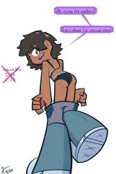 kushy_wushy ruby_lightspeed_(kush) strip_game white_background female female_only 1girls solo solo_female original_character clothing clothed clothed_female dark-skinned_female dark_skin dark_hair bra green_eyes hair_ornament eyes_visible_through_hair panties stripping removing_clothing removing_pants ass bending_forward
