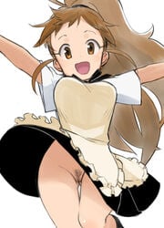 :d absurdres apron ass_visible_through_thighs beige_apron black_legwear black_skirt breasts brown_eyes brown_hair casual circle_skirt employee_uniform female frilled_apron frills hamahara_yoshio highres jumping long_hair looking_at_viewer no_panties open_mouth ponytail pubic_hair shirt simple_background skirt skirt_lift smile socks solo taneshima_popura thigh_gap underwear uniform wagnaria_uniform waitress white_background white_shirt wind wind_lift working!!