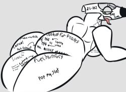 aeromorph aircraft airplane anthro bedroom_eyes big_breasts big_butt body_writing breasts butt english_text female graffiti_on_body green_eyes hi_res huge_butt iconictm jet living_aircraft living_machine living_vehicle looking_back looking_back_at_self lying lying_on_ground machine narrowed_eyes non-mammal_breasts on_front on_ground presenting presenting_hindquarters rear_view seductive simple_background solo tally_marks text text_on_body thick_thighs tongue tongue_out vehicle white_background white_body