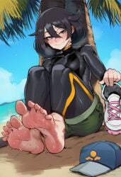 1girl 1girls 2d against_tree ai_generated beach black_bodysuit black_hair blue_sky blush bodysuit bodysuit_under_clothes clouds dark_blue_eyes feet feet_focus feet_together female female_focus female_only female_protagonist_(pokemon_ww) fully_clothed game_freak gray_eyes green_shorts holding_shoes leafyviolet looking_at_viewer nintendo pokemon pokemon_ww protagonist_(pokemon) sand short_hair shorts small_breasts soles steam steaming_body sweat wet_feet white_skin