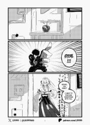 1boy 1girls big_breasts blonde_hair breasts english_text female gray_scales greyscale hiyuki_(wuthering_waves) li9999 long_hair male_rover_(wuthering_waves) miko monochrome navel rover_(wuthering_waves) suddenly_naked thick_thighs thighs wuthering_waves
