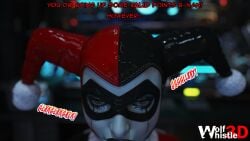 1girls 3d batman batman_(bruce_wayne) batman_(series) black_lipstick blowjob clown clown_girl clown_makeup dc_comics dialogue facepaint fellatio harley_quinn harley_quinn_(arkham) harley_quinn_(classic) harley_quinn_(suicide_squad_game) implied_oral implied_sex jester jester_hat mask offscreen_character offscreen_sex oral oral_sex running_mascara runny_makeup solo solo_female suicide_squad suicide_squad:_kill_the_justice_league text wolfwhistle3d