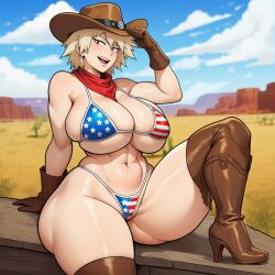 ai_generated american_flag_bikini bandana bandana_on_neck blonde_hair boku_no_hero_academia boots brown_boots brown_cowboy_hat brown_gloves cactus clouds cowboy_boots cowboy_hat desert gloves holding_hat milf mitsuki_bakugou mother red_eyes sitting sky smile thick_thighs