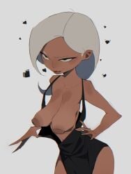 1girls areolae big_breasts black_dress black_eyes breasts breasts_out clothing dress exposed_breasts female female_only hair half-closed_eyes heart hearts hearts_around_head huhujujuy lips mature mature_female mature_woman mirage_(the_incredibles) nipples sagging_breasts short_hair smile solo solo_female the_incredibles white_hair