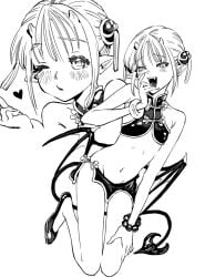 blush bun_cover chinese_clothes crop_top demon_horns demon_tail demon_wings double_bun fangs female female_only flat_chest full_body gintama gogglesyopeng hair_ornament horns kagura_(gintama) laugh laughing looking_at_viewer miniskirt monochrome pointy_ears skinny smile solo succubus succubus_horns tail wings wink