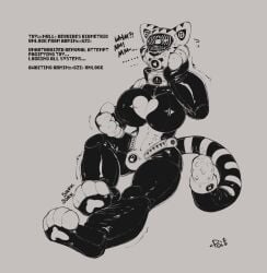 anthro bdsm bondage bound breasts chastity_bulge chastity_device clothing collar domestic_cat drone dronification earplugs english_text felid feline felis gag gagged gagged_talk gynomorph hi_res hypnosis hypnotic_helmet hypnotic_visor inflated_breasts inside_clothing intersex latex latex_clothing latex_skinsuit lock_bulge lock_symbol mammal mind_control monochrome peril poiuytrew predicament_bondage self-bondage simple_background skinsuit solo stripes tail_dildo text tight_clothing trapped_in_clothing white_background