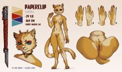 4_toes 5_fingers anthro anus areola artist_name athletic athletic_anthro athletic_female bell bell_choker biped blue_eyes breasts character_name claws clitoral_hood clitoris color_swatch crotch_tuft cutaway domestic_cat ear_piercing english_text expression_cutaway facial_markings feet felid feline felis female female_anthro fingers front_view fur genitals head_markings hi_res humanoid_genitalia humanoid_hands humanoid_vulva inner_labia kalibri_chan looking_at_viewer mammal markings model_sheet monotone_background multicolored_body multicolored_fur navel nipples nude piercing red_claws simple_background skrepka solo species_name standing text toes tuft two_tone_body two_tone_fur two_tone_tail vulva weapon white_background white_body white_fur yellow_body yellow_fur
