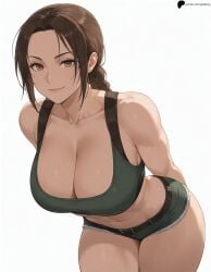 1girl 1girls ai_generated armpit_crease arms_behind_back bare_shoulders belt belt_buckle braid breasts brown_eyes brown_hair cleavage closed_mouth collarbone crop_top green_shorts green_tank_top hi_res high_quality high_resolution highres lara_croft large_breasts leaning_forward light light_smile lips long_hair looking_at_viewer midriff navel nose opal_nemy patreon_logo patreon_url patreon_username plain_background self_upload shadow shiny shiny_clothes shiny_hair shiny_skin short_shorts shorts simple_background single_braid solo tank_top thick_thighs thighs tomb_raider watermark white_background