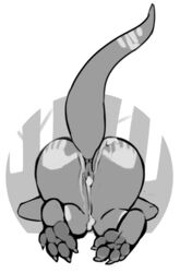 all_fours anthro anus bodily_fluids cum cum_in_pussy feet female genital_fluids greyscale kobold markings monochrome presenting pussy rml scalie simple_background solo tugma